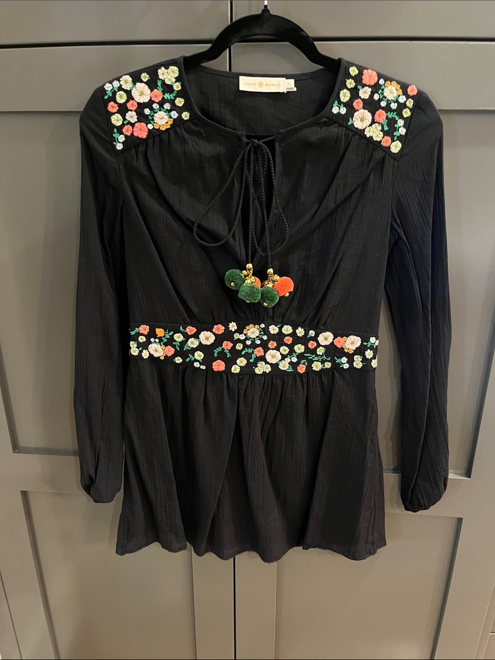Tory Burch Black Floral-Embroidered Long-Sleeve Blouse with Pom Tie